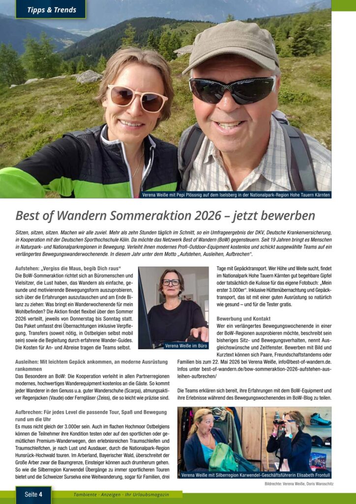 Seite aus dem Magazin Tambiente über die Sommeraktion von Best of Wandern.